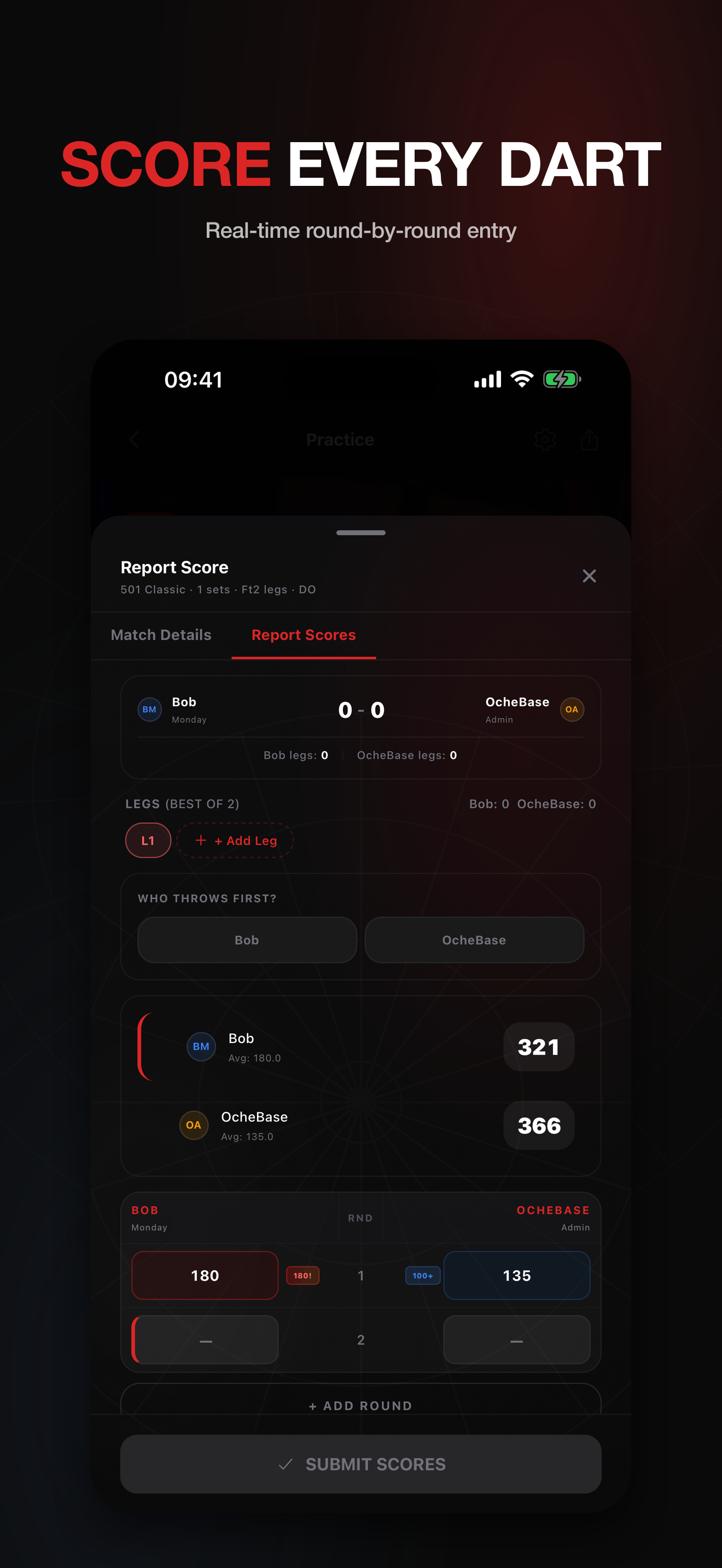 Live dart scoring screen in the OcheBase app