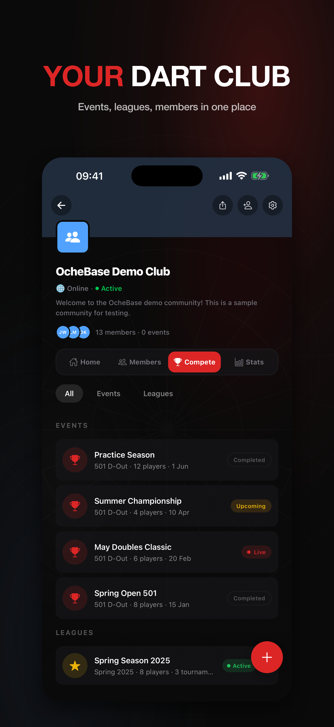Club page with updates and leaderboard