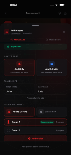 Adding players manually or by invite, with group placement