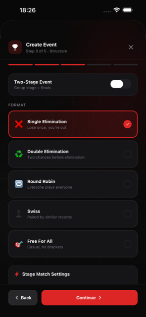 Choosing a tournament format: single or double elimination, round robin, Swiss