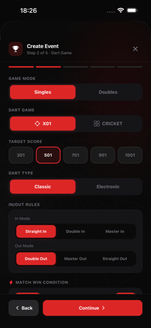 Game rules: 501 or Cricket, dart type, in and out rules