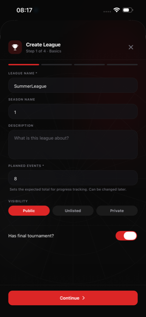 Create league: name, season, planned events and visibility